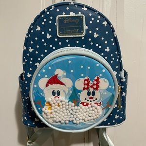 Loungefly Mickey Minnie snowglobe winter backpack and matching wallet set
